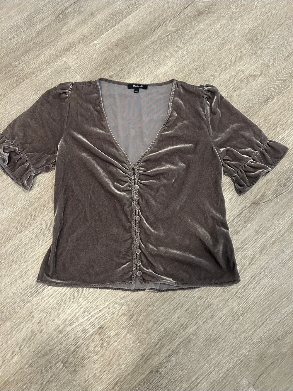 Madewell Taupe Velvet V-Neck Button Front Top